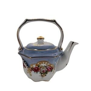 Vintage Kaldun & Bogle Teapot Roses Floral Blue Gold Gilt Single Serve Excellent